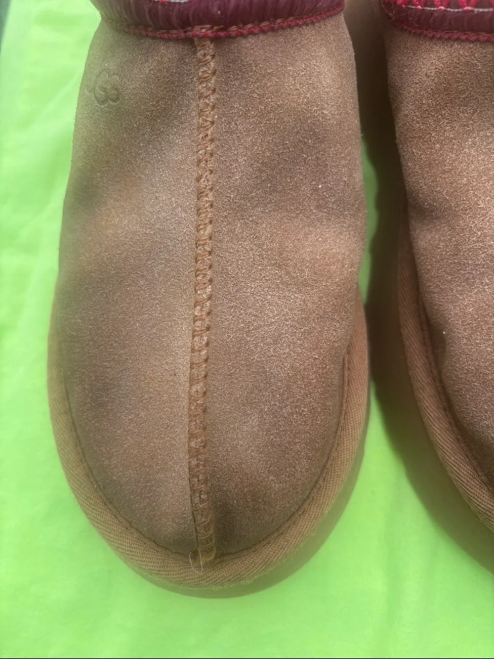 UGG Brown Suede Mule Slippers with Burgundy Trim - Picture 2 of 13